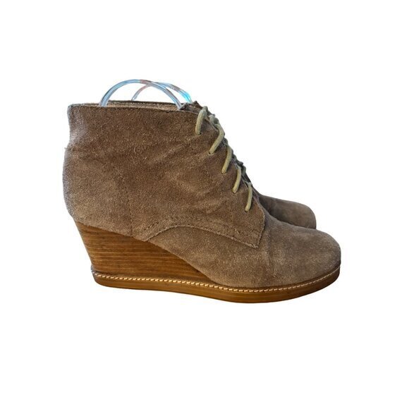 J Jill Taupe Suede Wedge Heel Ankle Booties Boots Laced Stack Wood Heel Size 10 - Picture 2 of 10